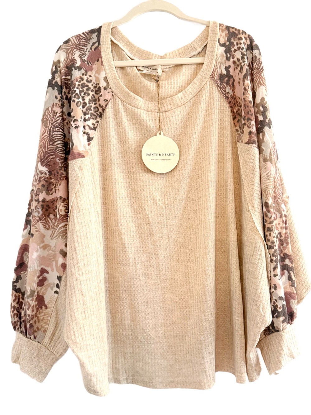 Saints & Hearts Beige Waffle Knit Top with Printed Balloon Sleeves